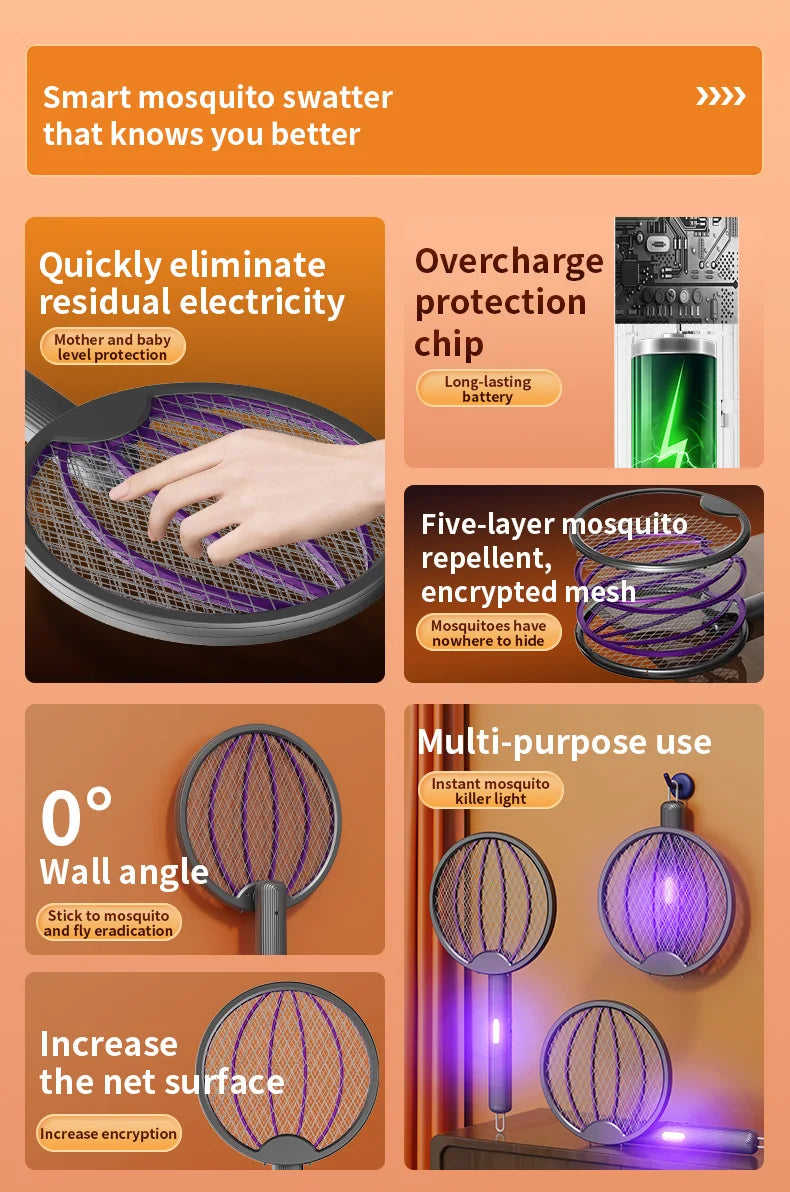 Foldable Electric Mosquito Swatter 3-in-1 Electric Mosquito Killer Anti-mosquito Lamp Rechargeable Wall-Mounted Mosquito Swatter